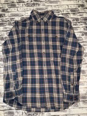 Duluth Trading Co Men's Plaid Flannel Button-Down Shirt Brown Blue L Long Sleeve